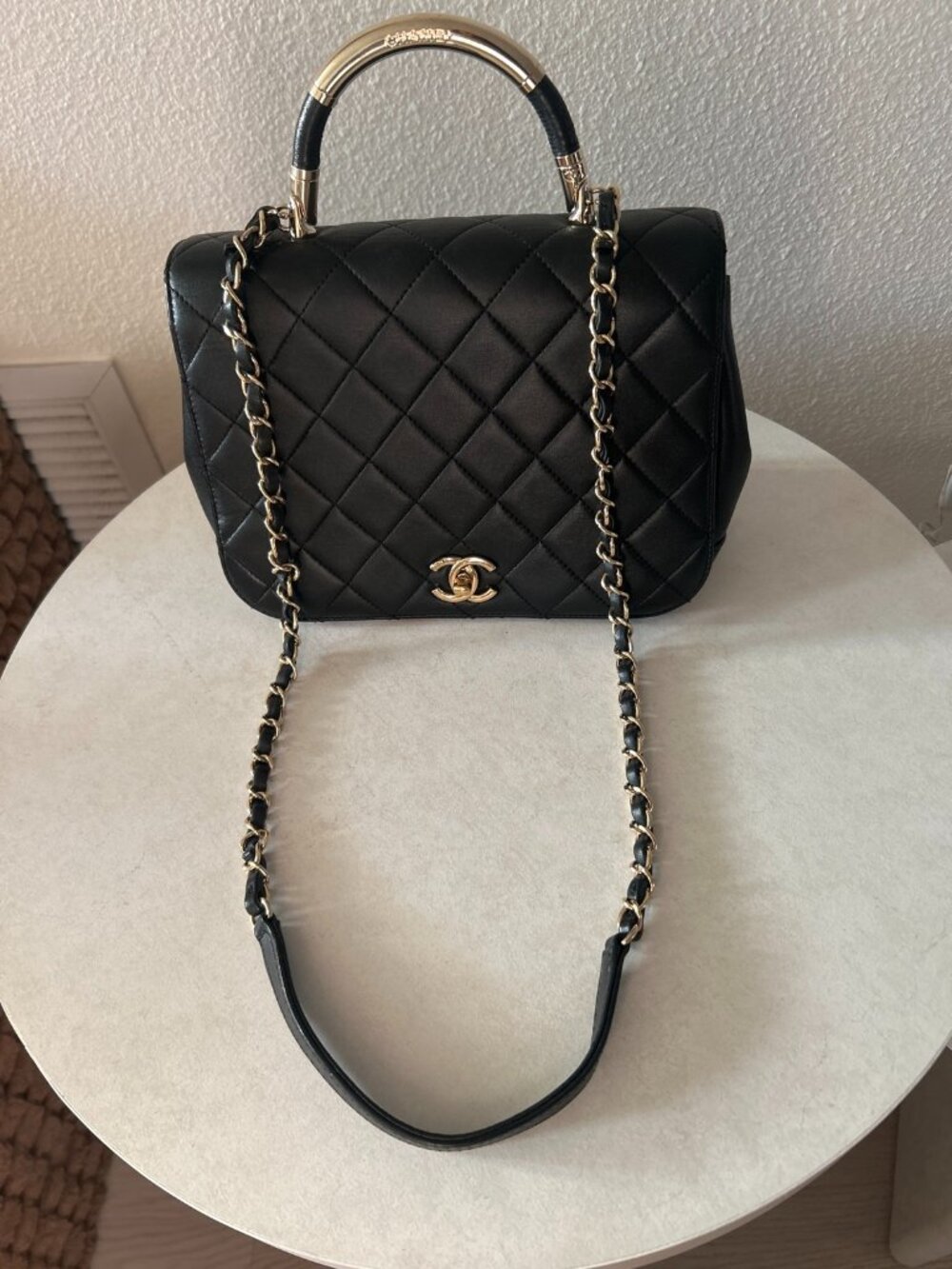 Chanel Trendy CC Small Top Handle Bag Black Quilted Lambskin Gold Hardware